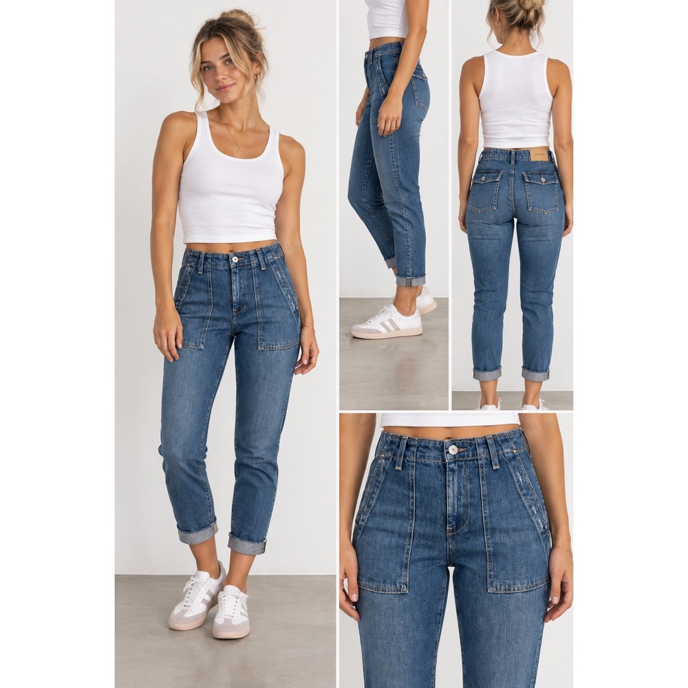 TRAVE Deja Utility Taper Jeans 26 Blue High Rise Patch Pocket Denim Workwear